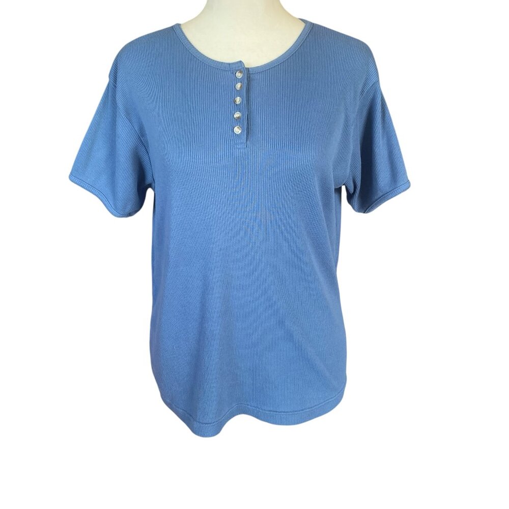 Northcrest light blue short sleeve crewneck ribbed pullover top size L 14-16